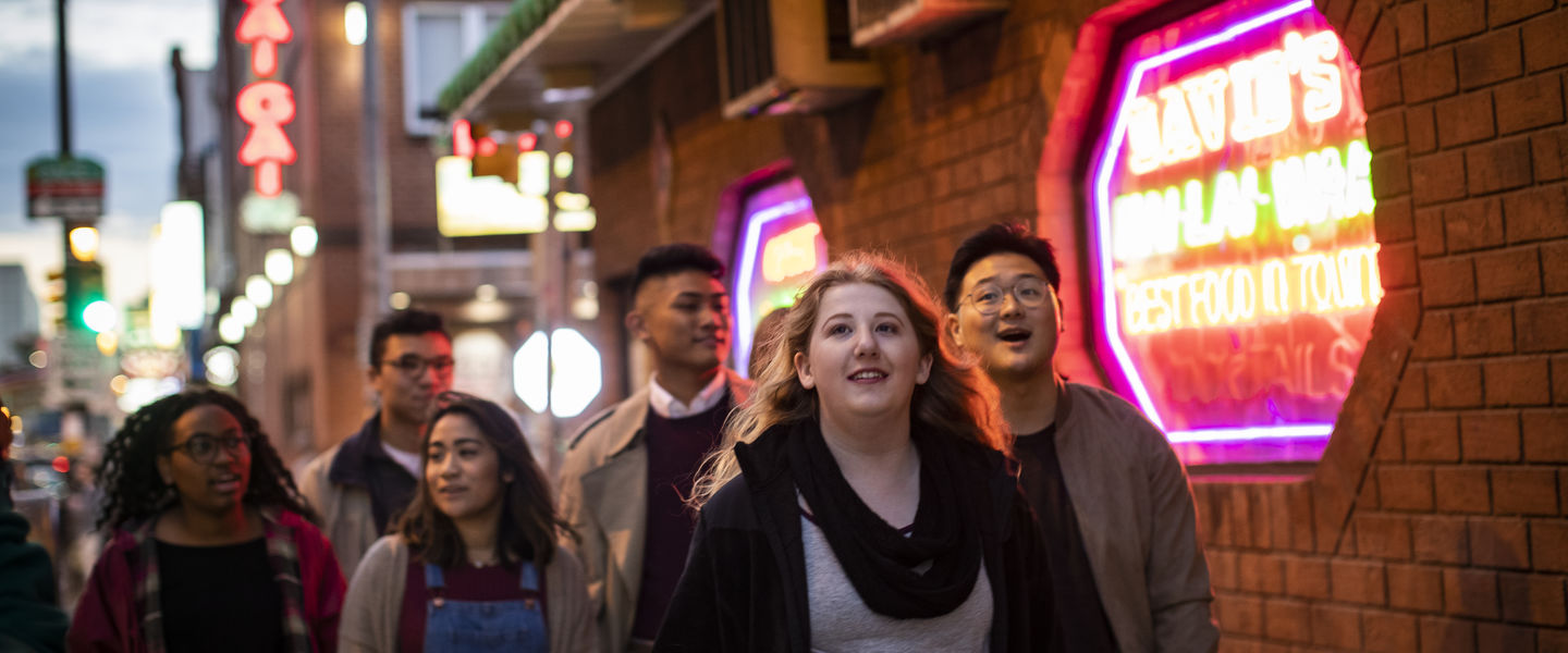 Six students walking in Center City Philadelphia